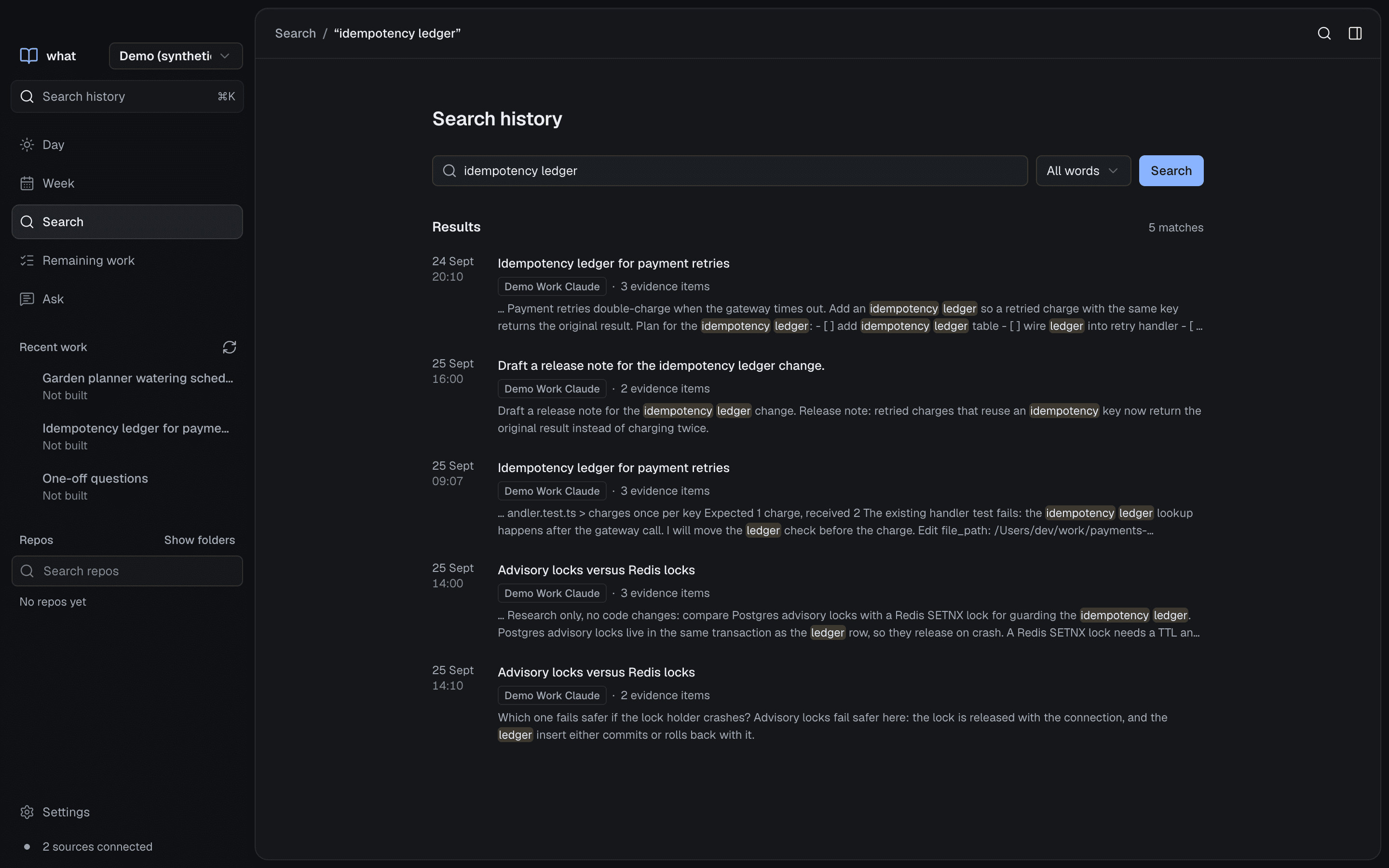 The what app's Search screen, showing five highlighted results for 'idempotency ledger' from a demo collection.